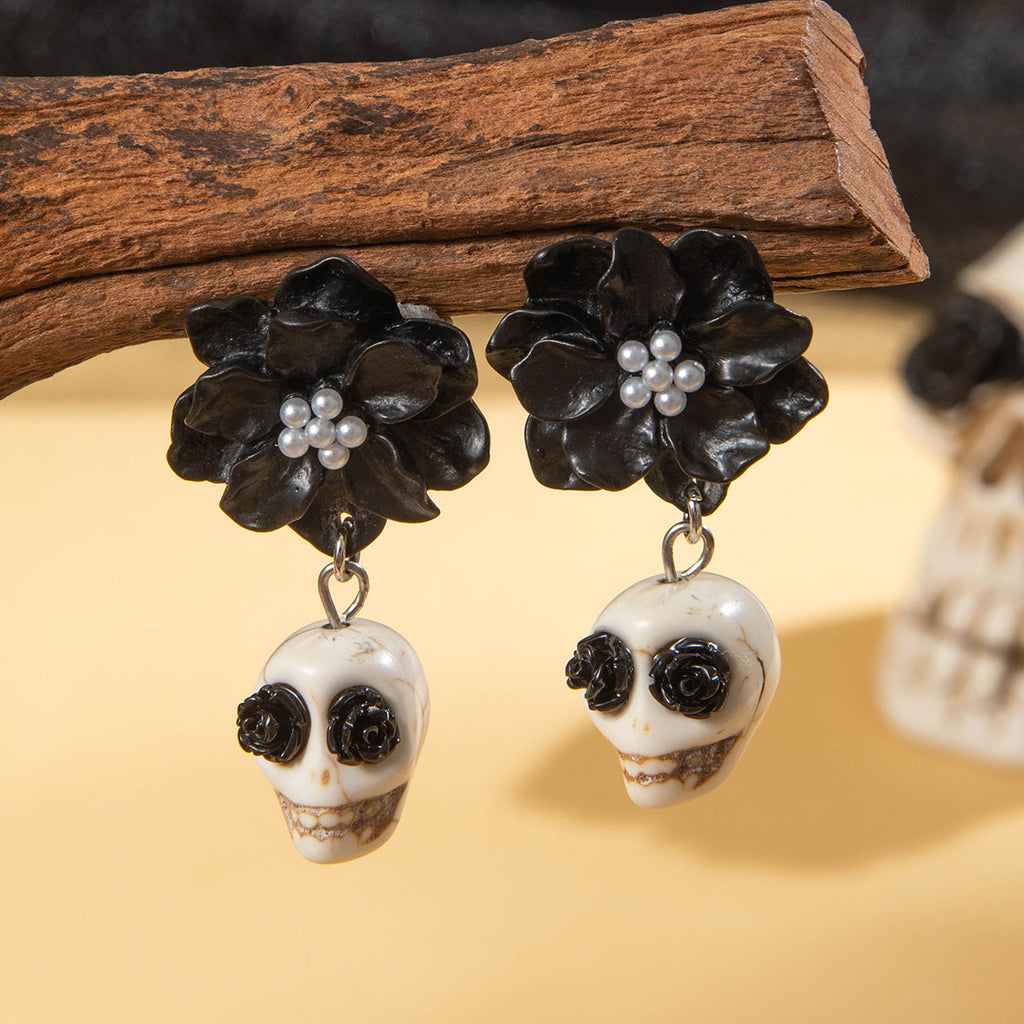 Black Flower Skull Halloween Earrings
