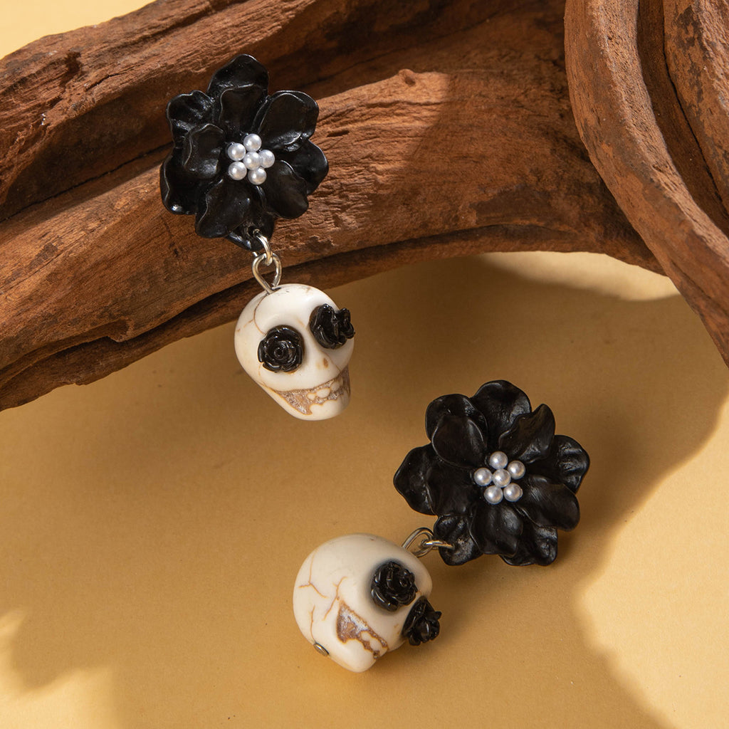 Black Flower Skull Halloween Earrings