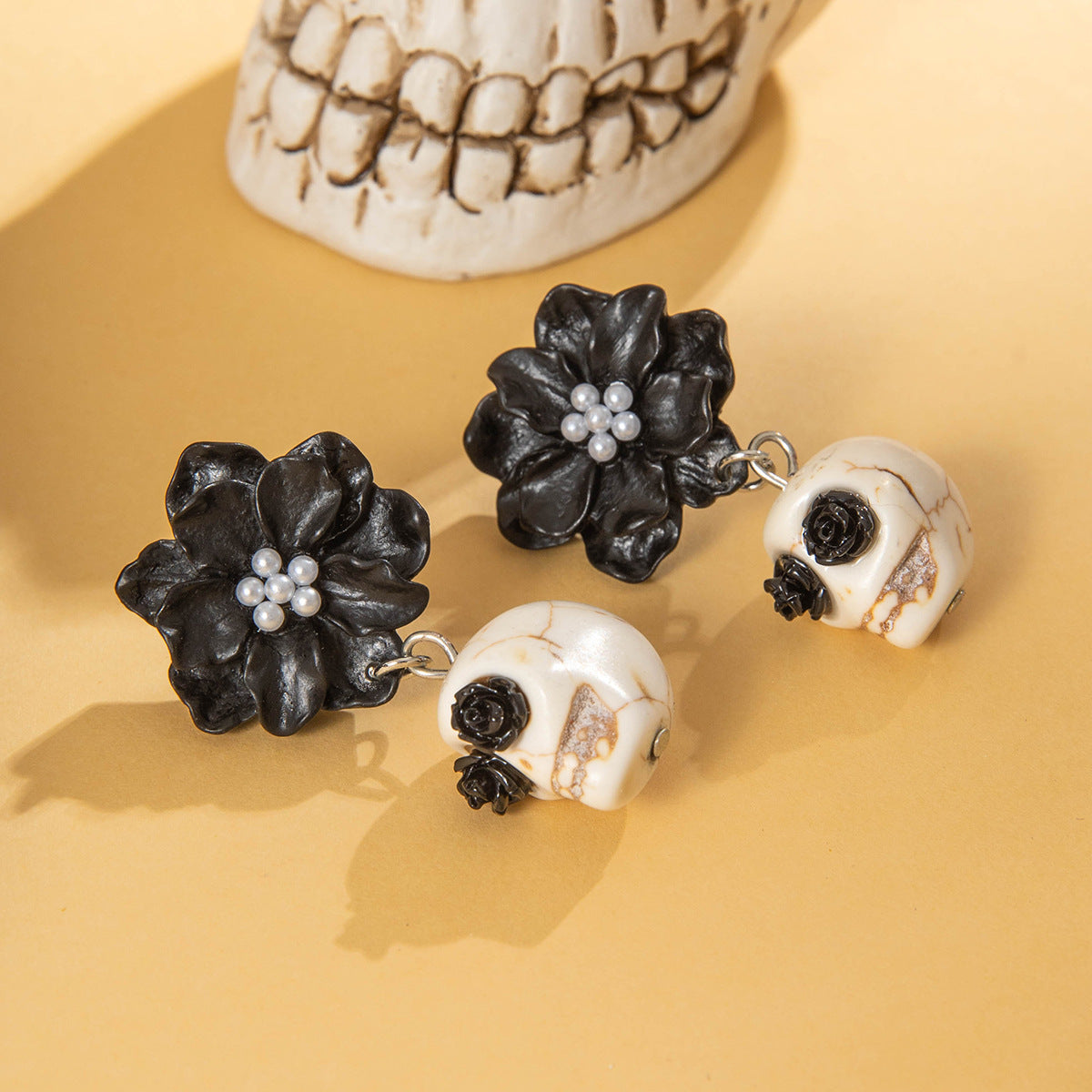 Black Flower Skull Halloween Earrings