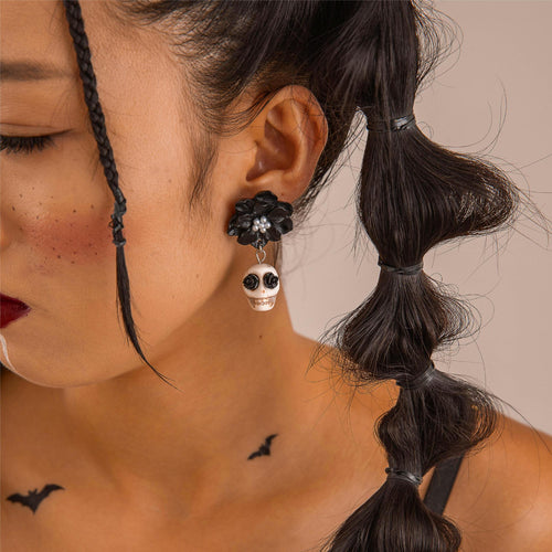Black Flower Skull Halloween Earrings